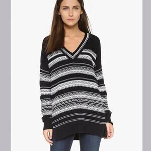 VINCE Women's Textured Knit V-Neck Relaxed Fit Sweater  Black and White Size XS